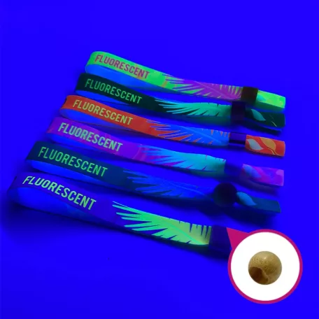 Látkový náramok (15x340 mm, jednostranná farebná FLUO potlač) - s opakovane uzatvárateľným bambusovým krúžkom
