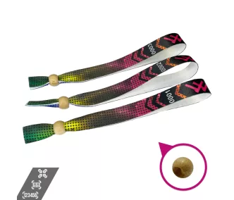   Látkový náramok (15x340mm, farebná potlač na jednej strane, s premenlivými údajmi) - s opakovane zatvárateľným krúžkom z bambusu.