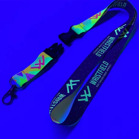Saténová šnúrka na krk s potlačou 20x900mm - FLUO tlač - so štandardnou karabínou as trojzubcom