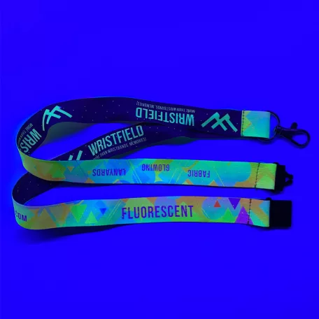 Saténová šnúrka na krk s potlačou 20x900mm - FLUO tlač - so štandardnou karabínou as bezpečnostnou sponou
