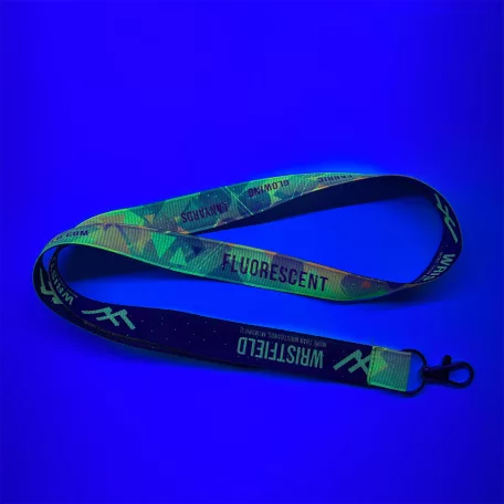 Rebrovaná šnúrka na krk s obojstranným farebným nápisom a FLUO potlačou - 20x900 mm - s karabínou v tvare kvapky