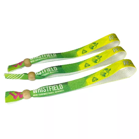 R-PET náramok (z recyklovaných PET fliaš, 15x340mm, s farebnou potlačou na jednej strane) - znovu uzatvárateľný bambusovými korálkami