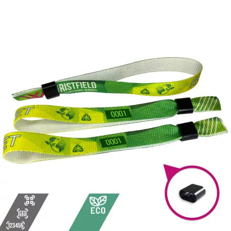 R-PET náramok (z recyklovaných PET fliaš, 15x340mm, s farebnou potlačou na jednej strane, variabilné údaje) - s plastovým krúžkom